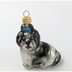 Shih Tzu Dog Handblown Glass Ornament Christmas Tree Black Silver Poland Glitter